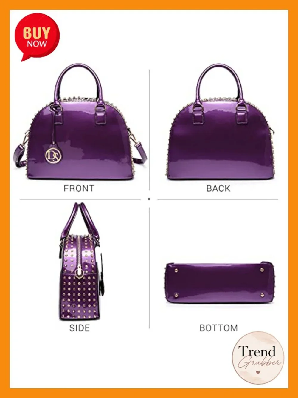 Faux Patent Leather Dome Satchel Purse with Rhinestone Studs, Structured Work